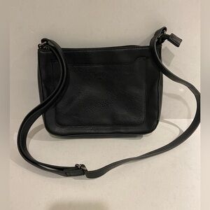 ROOTS, black faux leather crossbody purse